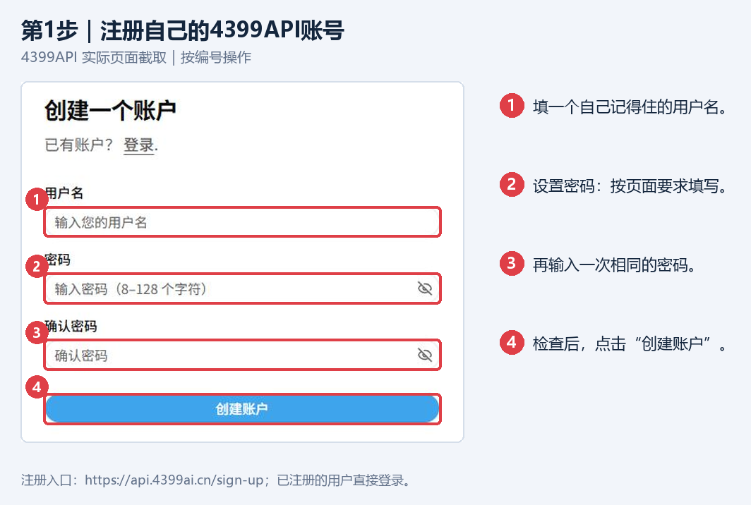 图 1 · 填写用户名与密码，点击创建账户
